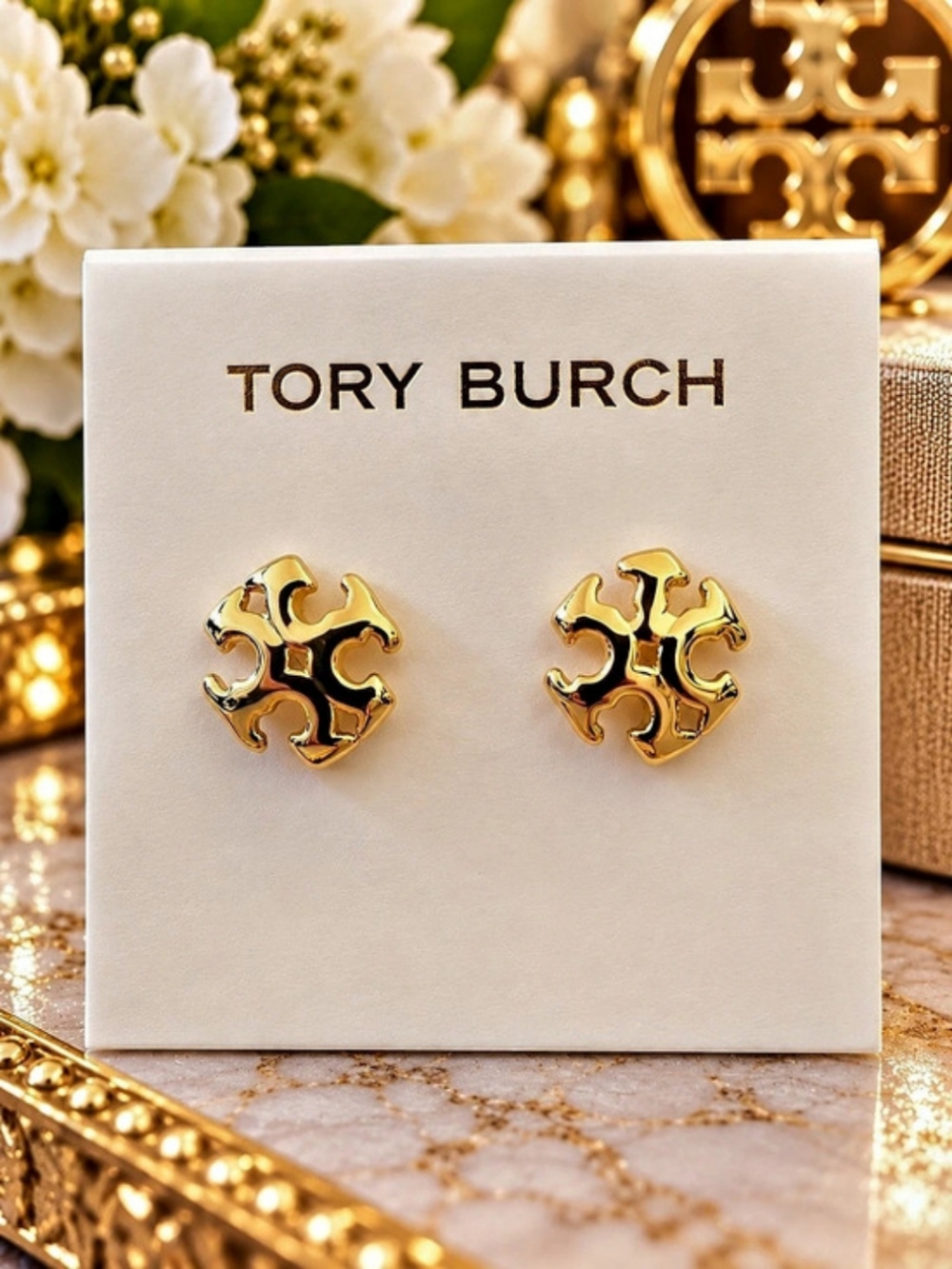 Tory Burch Gold Logo Stud Earrings – Designer Statement Studs